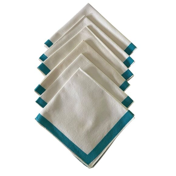 Lot of 6 Cloth Napkins Ivory Blue Stripe 14" x 13.25" Cotton Dining Vintage - Picture 4 of 4